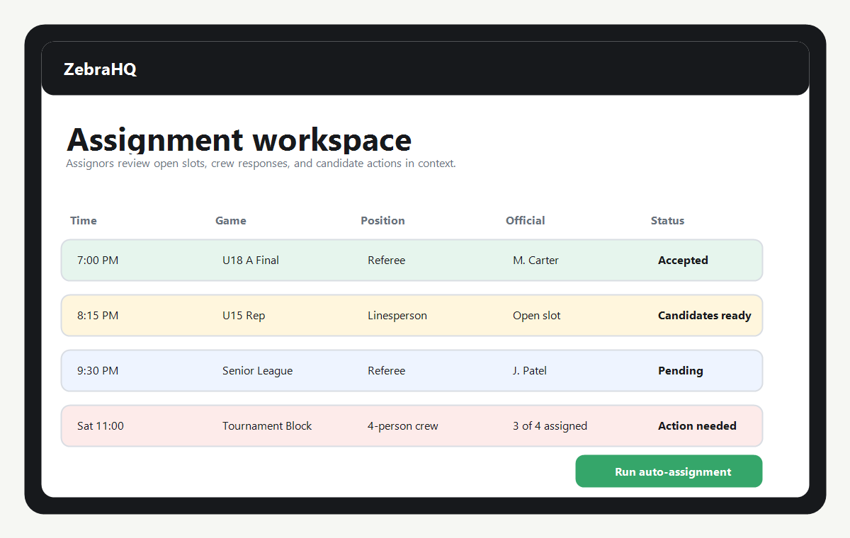 Mock screenshot of the ZebraHQ assignment workspace